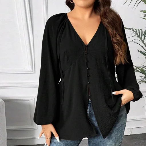 Elegant Plus Size Trumpet Sleeve V-Neck Blouse for Women - Image 2