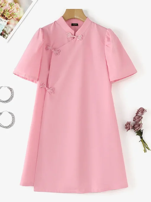 Women's Chinese Style Bow A-Line Puff Sleeve Dress