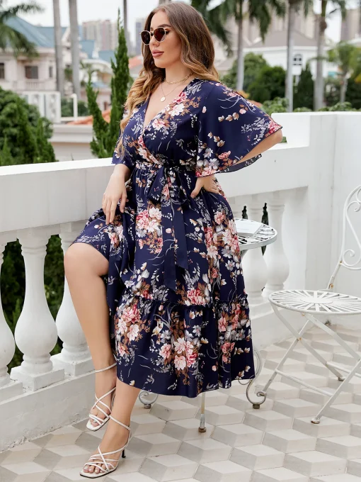 Elegant Plus Size Printed Lace-Up V-Neck Party Dress - Image 6