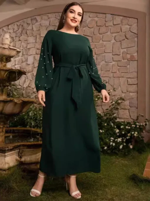 Elegant Plus Size Retro Long Sleeve Beaded Dress - Image 4