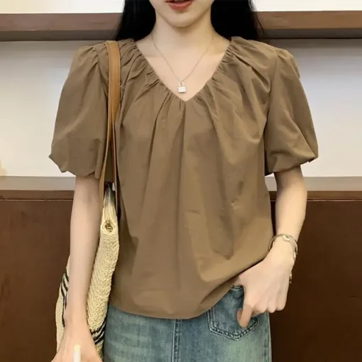 Casual V-Neck Pleated Blouse with Short Puff Sleeves - Image 8