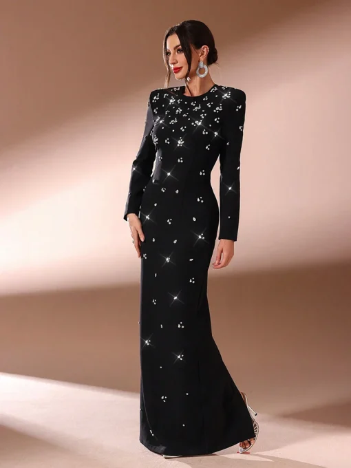 Elegant Rhinestone Long Sleeve Maxi Dress for Formal Events - Image 2