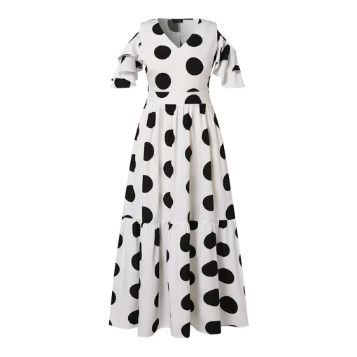 Bohemian Polka Dot Ruffled V-Neck Maxi Dress for Women