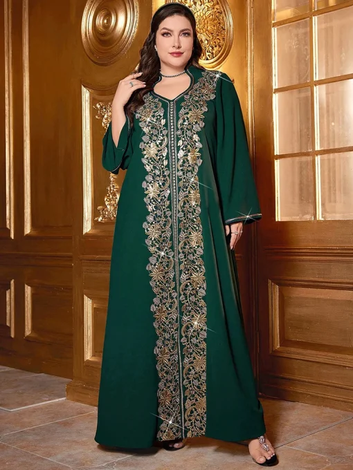 Plus Size Sequin Embroidered Belt Split Hem Evening Dress - Image 4