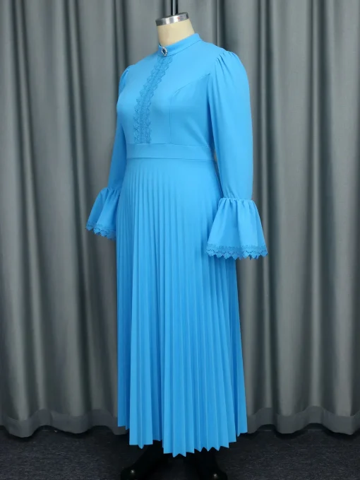 Elegant Blue Maxi Dress with Flare Sleeves for Women - Image 3