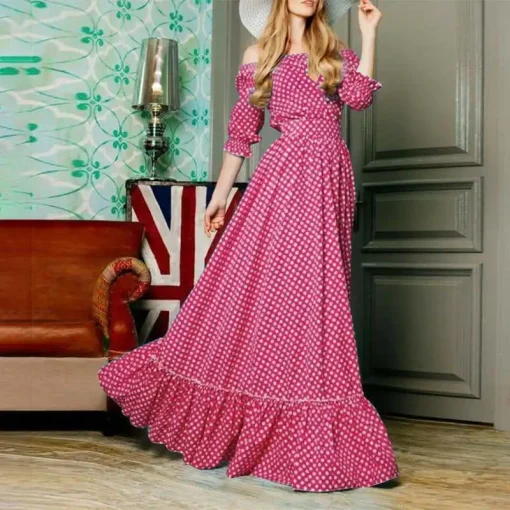 Bohemian Off-Shoulder Polka Dot Maxi Dress - Image 6