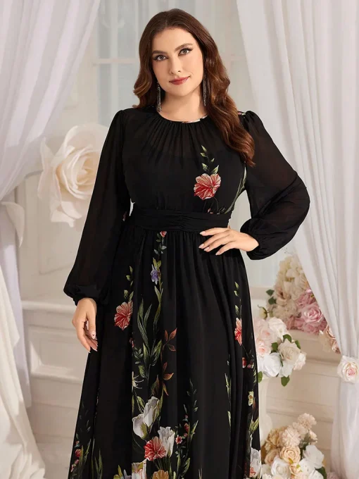 Plus Size Floral Print Lantern Sleeve Mesh Midi Dress - Image 3