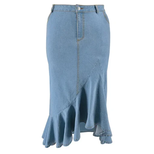 Plus Size Women's High Waist Washed Slit Denim Skirt - Image 7