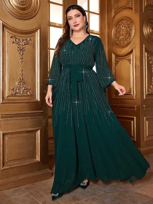 Plus Size Beaded Bell Sleeve Belted Formal Maxi Dress - Image 4