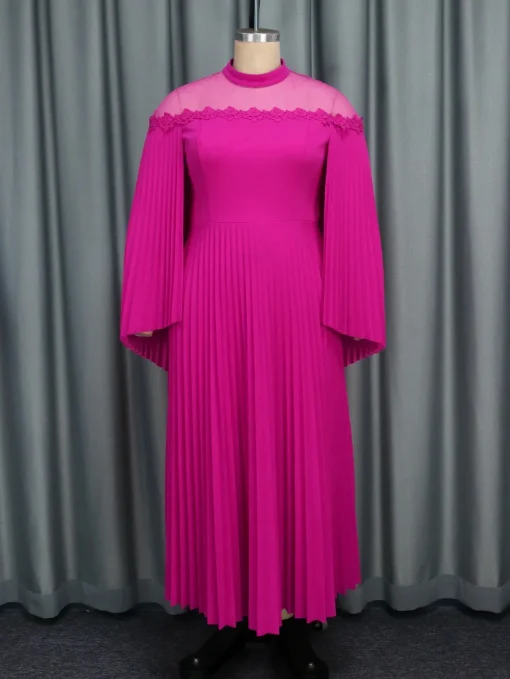 Elegant Pleated Maxi Dress with High Collar and Cloak Sleeves - Image 2