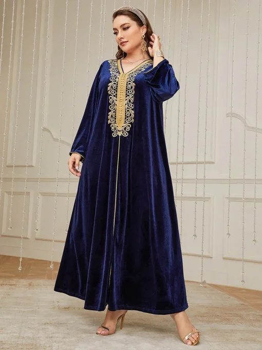 Elegant Plus Size Velvet Lace Contrast Abaya Maxi Dress