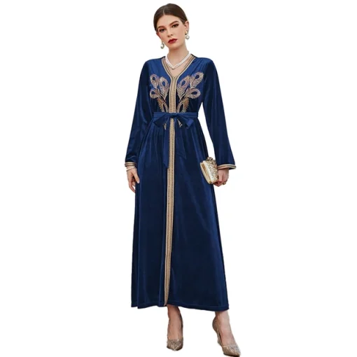 Gorgeous Navy Blue Ankle-Length Embroidered Muslim Evening Gown - Image 7