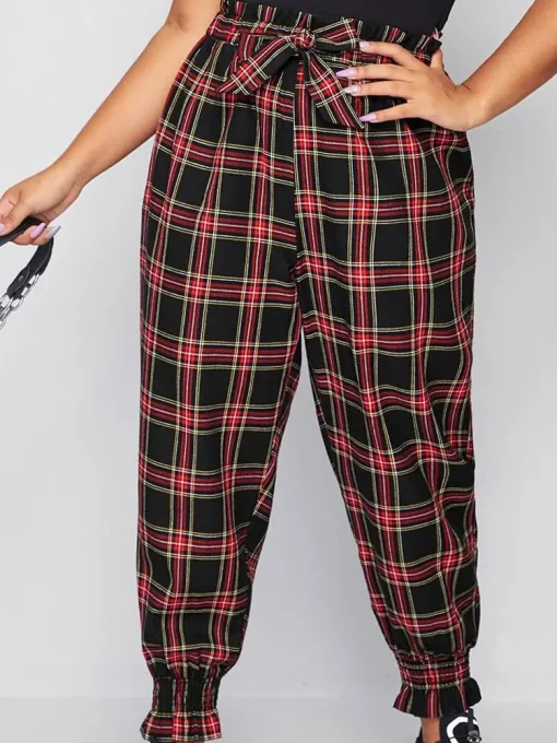 Plus Size Women's Casual Plaid Wide Leg Ruffled Pants - Image 4