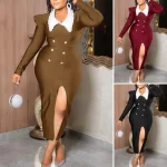 Elegant Long Sleeve Party Dress with Turn Down Collar