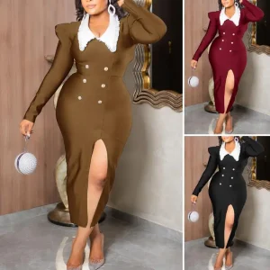 Elegant Long Sleeve Party Dress with Turn Down Collar