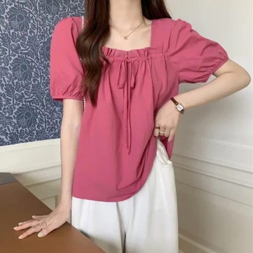 Summer Ruffle Casual Short Sleeve Square Neck Blouse - Image 6