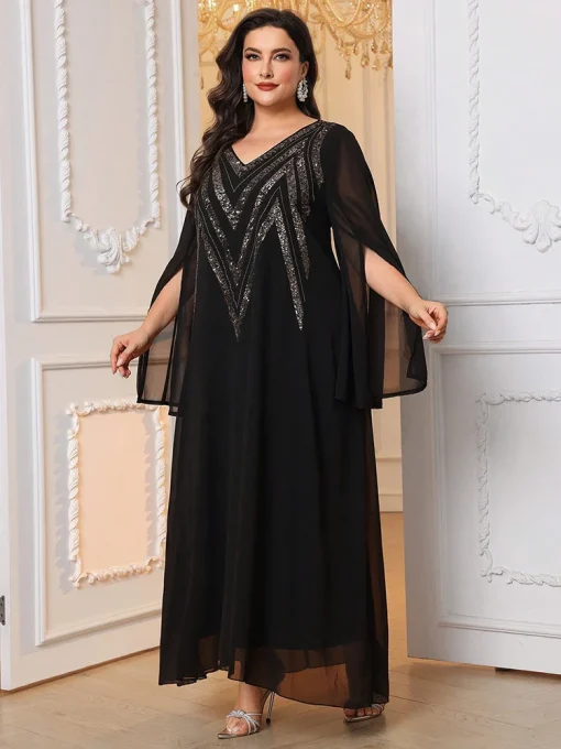 Plus Size Black Sequined Elegant Maxi Abaya Dress - Image 5