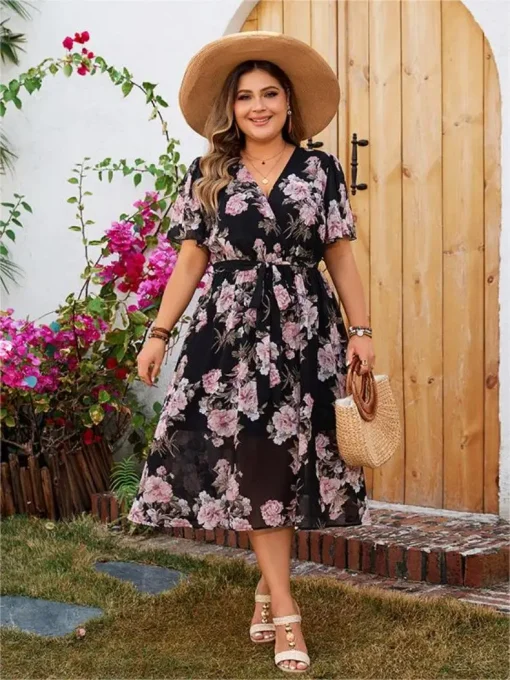 Elegant Plus Size Floral V-Neck Swing Party Dress - Image 5