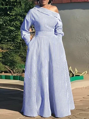 Elegant Bohemian Off-Shoulder Striped Maxi Dress