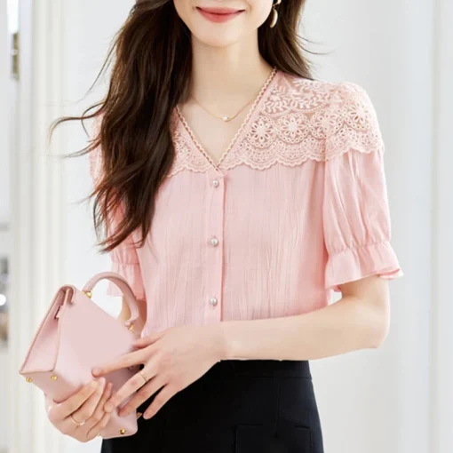 Women’s Elegant Lace Puff Sleeve Office Blouse - Image 6