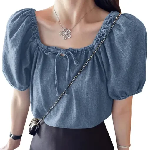 Women's Denim Puff Sleeve Casual Oversized Tunic Blouse - Image 5