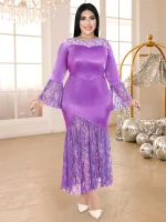 Elegant Purple Satin Lace Sheath Dress with Flare Sleeves