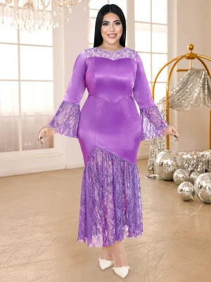 Elegant Purple Satin Lace Sheath Dress with Flare Sleeves