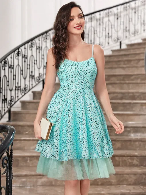 Women's Knee-Length Sequin Chiffon Halter Party Dress - Image 3