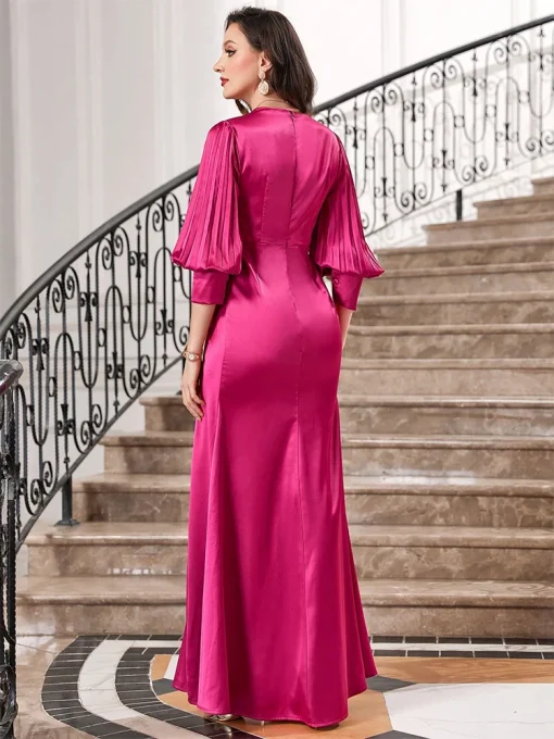 Rose Red Floor-Length V-Neck Lantern Sleeve Evening Gown - Image 2