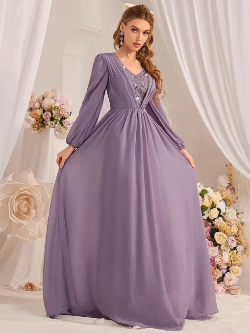 Elegant Purple Beaded Maxi Dress with Lantern Sleeves - Image 2