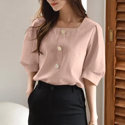 Elegant Women Blouse Summer Tops Short Sleeve Square Collar