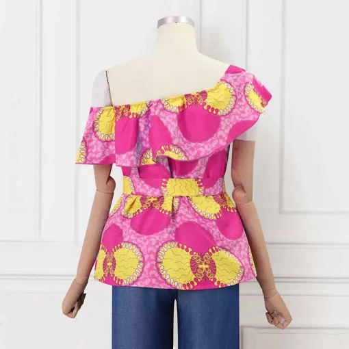 Plus Size Ruffled Bohemian Printed Skew Collar Blouse - Image 4