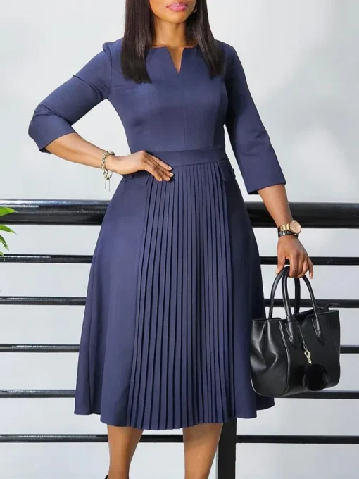 Plus Size Solid Color V-Neck Midi Dress for Women - Image 2