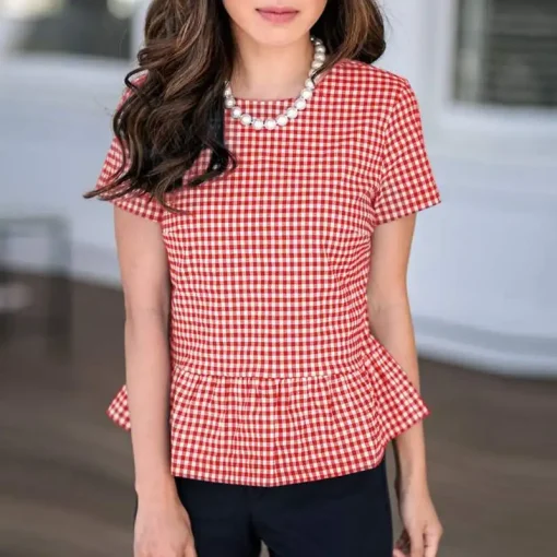 Bohemian Printed Short Sleeve Plaid Ruffled Blouse - Image 5