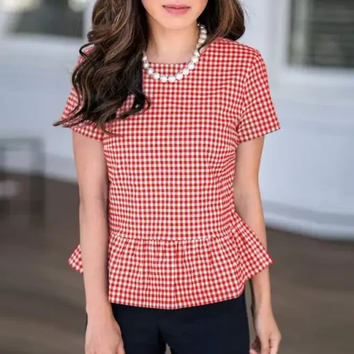 Bohemian Printed Short Sleeve Plaid Ruffled Blouse - Image 9