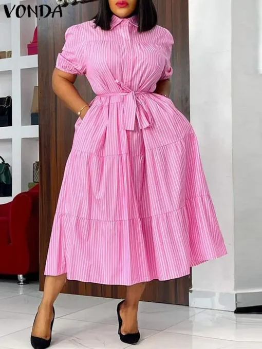 Plus Size Elegant Stripe Shirt Dress with Belt - Image 2