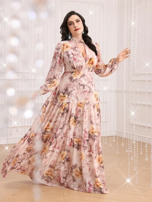 Plus Size Floral Print Keyhole Neck Long Sleeve Dress - Image 4