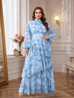 Plus Size Tie-Dye Print Stand Collar Lantern Sleeve Dress