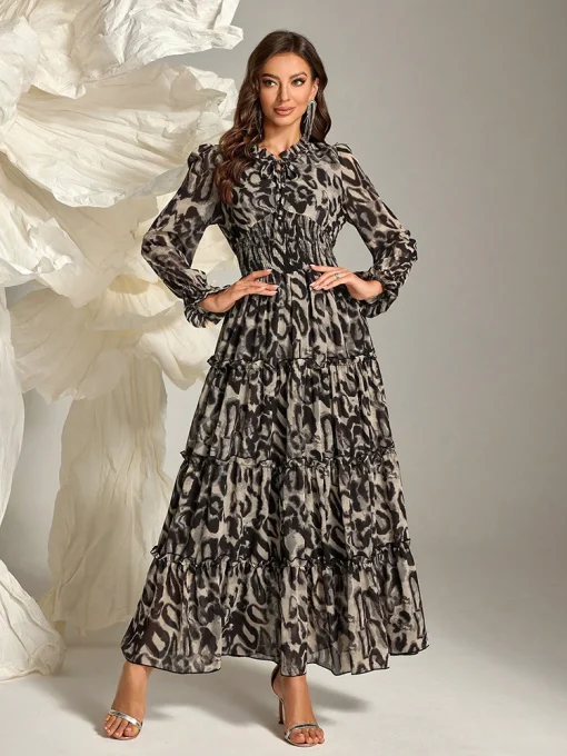 Leopard Print Ruffled Collar Long Sleeve Maxi Dress