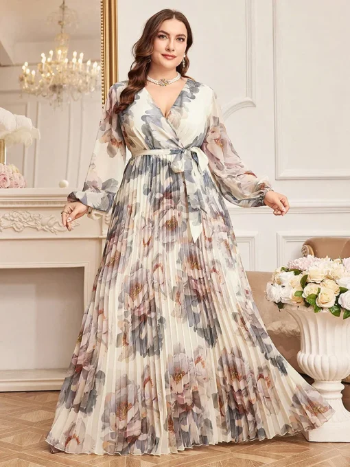 Elegant V-Neck Belted Floral Print Plus Size Maxi Dress - Image 2