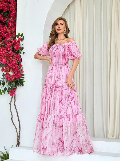 Sexy Pink Off-Shoulder Puff Sleeve Bohemian Maxi Dress