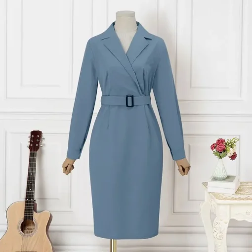 Elegant Women’s Belted Long Sleeve Midi Shirt Dress - Image 5