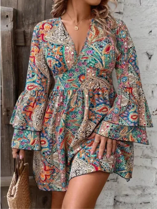 Elegant Plus Size V-Neck Printed Long Sleeve Summer Dress - Image 4