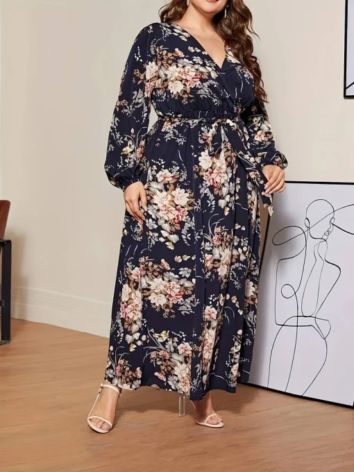 Elegant Plus Size Floral V-Neck Long Sleeve Evening Dress