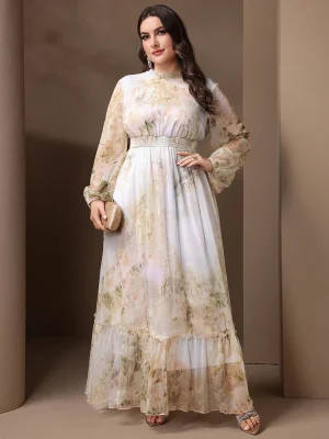 Plus Size Elegant Floral Lantern Sleeve Maxi Dress