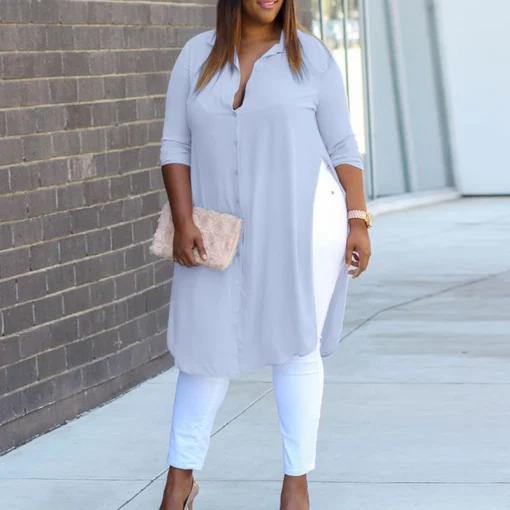 Plus Size Long Sleeve Lapel Tunic Top - Image 6