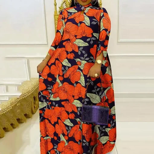 Elegant Floral Printed Maxi Dress, 3/4 Sleeve Sundress - Image 5