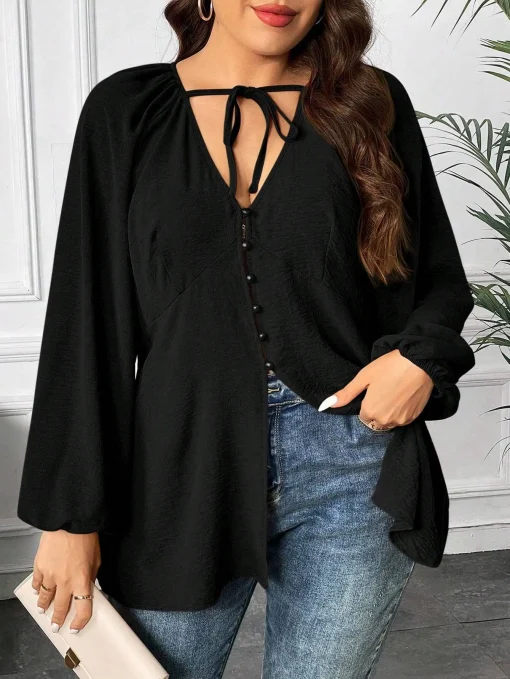 Elegant Plus Size Trumpet Sleeve V-Neck Blouse for Women - Image 4