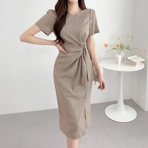 Women Elegant Midi Dress Casual Loose Short Sleeve Sundress - Image 6