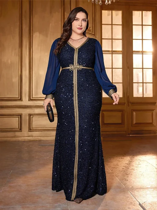 Plus Size Vintage Sequin V-Neck Maxi Evening Dress - Image 6